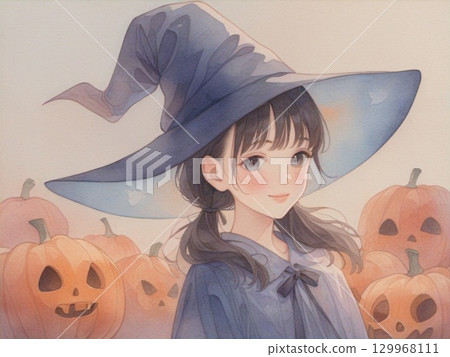 身著萬聖節服裝的女孩的水彩插圖 6 身著萬聖節服裝的女孩的水彩插圖 6 129968111