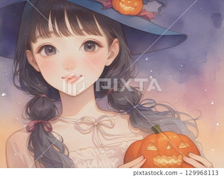 萬聖節服裝女孩的水彩插圖 4 萬聖節服裝女孩的水彩插圖 4 129968113
