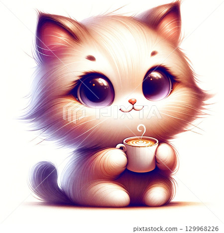 一隻毛茸茸的小貓拿著一杯拿鐵咖啡的插圖 129968226