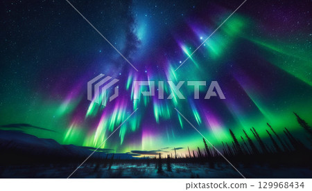 Colorful aurora and the Milky Way dancing in the northern starry sky 129968434