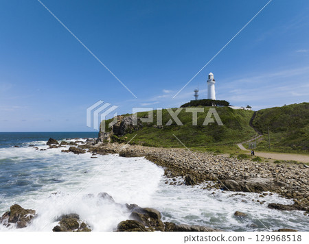 Inubosaki Lighthouse and the spectacular view of the coastline with rough waves (Choshi City, Chiba Prefecture) Inubosaki Lighthouse and the spectacular view of the coastline with rough waves (Choshi City, Chiba Prefecture) 129968518
