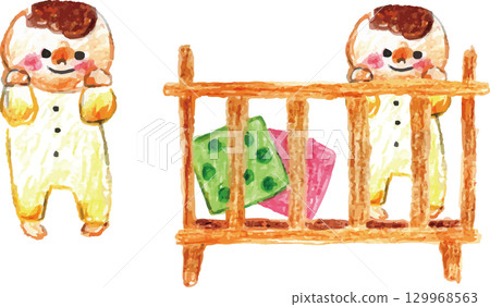 用色鉛筆畫的嬰兒床和嬰兒 129968563