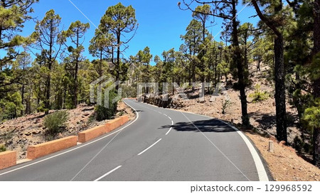 Discover the stunning beauty of a winding road through lush green forests, an ideal getaway Discover the stunning beauty of a winding road through lush green forests, an ideal getaway 129968592