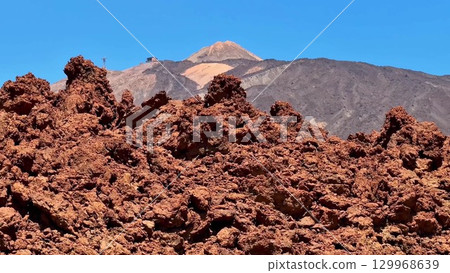 A stunning volcanic landscape featuring a rocky terrain along with a breathtaking mountain view A stunning volcanic landscape featuring a rocky terrain along with a breathtaking mountain view 129968639
