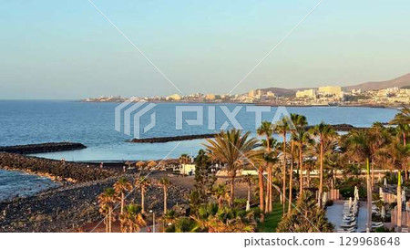 Experience the stunning view of the coastal landscape featuring palm trees at sunset 129968648