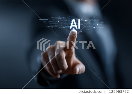 商人接觸未來科技的AI介面 商人接觸未來科技的AI介面 129968722