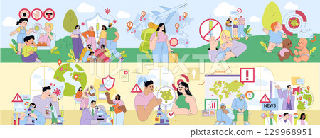 Vector illustration showcasing diverse families with children learning about health precautions, vaccinations, and global safety measures. Includes elements of travel health awareness and prevention. 129968951