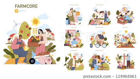 Vector illustration set depicting farmcore lifestyle with activities like organic farming, sustainable living, eco-conscious fashion, and remote work. Emphasizes community, nature, and sustainability. 129968961
