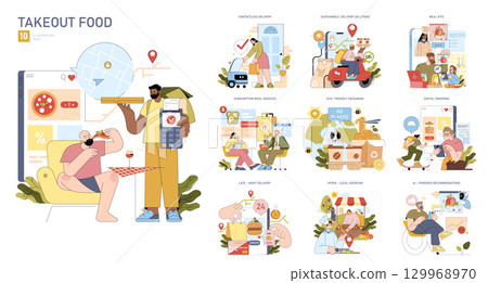Vector illustration set showcasing diverse takeout food concepts, including sustainable delivery, subscription meals, and digital ordering. Emphasizes modern food service solutions. 129968970