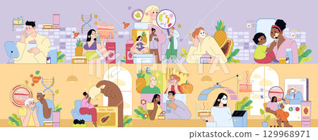 Vector illustration showcasing diverse individuals engaging in skincare routines and facial treatments. Includes actions with products like peeling and retinol, emphasizing self-care and wellness. 129968971