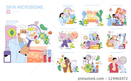 Vector illustration pack depicting various aspects of skin microbiome research. Includes friendly products, restoring skin barrier, personalized skincare, and microbiome-safe cleansing. 129968972