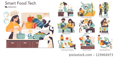 Illustration showcasing smart food tech innovations like robot chefs, hydroponic farming, and 3D food printing, highlighting future trends in agriculture and cooking advancements. 129968973
