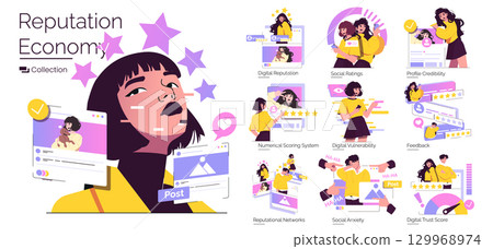 Vector illustration exploring the reputation economy with various social rating elements. Depicts digital profiles, feedback systems, and online credibility, highlighting social interaction dynamics. 129968974