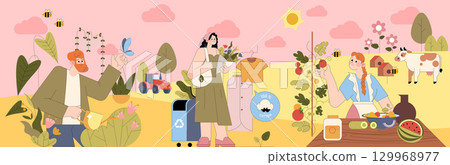 Vector illustration of people engaged in sustainable farming. They plant trees, recycle, and enjoy fresh produce in a vibrant countryside setting with animals and nature around them. 129968977