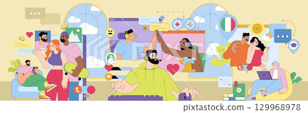 People engaged in diverse online activities such as video chats, gaming, and social networking. Facial expressions convey connection and interaction. Colorful digital communication. 129968978