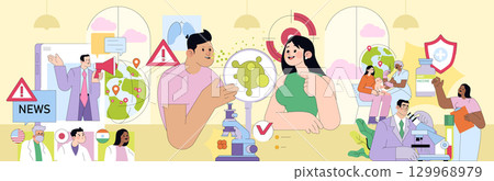 Vector illustration of scientists actively discussing pandemic response strategies and vaccine development. Features diverse characters collaborating on health solutions with maps and symbols. Vector illustration of scientists actively discussing pandemic response strategies and vaccine development. Features diverse characters collaborating on health solutions with maps and symbols. 129968979