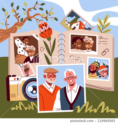 Family photo album vector illustration featuring diverse photographs and camera on a grassy landscape. The open album displays happy and nostalgic moments captured in various pictures. 129968983