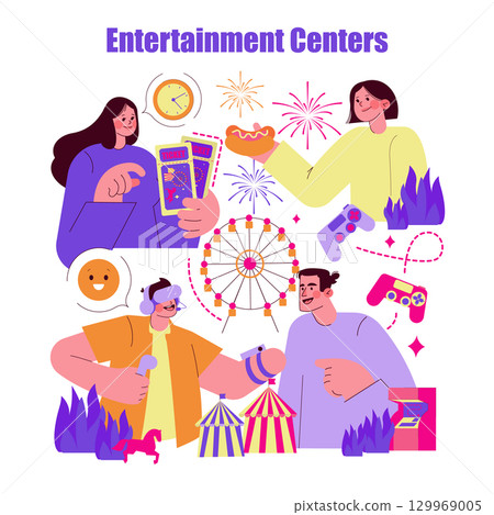 Colorful vector illustration depicting various fun activities at entertainment centers. Features people enjoying games, food, fireworks, and a Ferris wheel, capturing excitement and joy. 129969005
