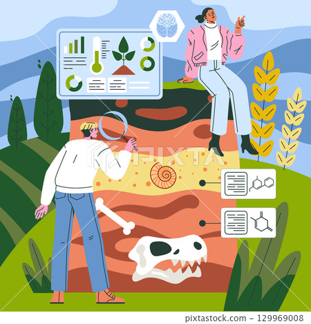 Vector illustration of two people engaging in fossil analysis using interactive technology on a hillside. They explore layers of soil containing ancient fossils and scientific data. Vector illustration of two people engaging in fossil analysis using interactive technology on a hillside. They explore layers of soil containing ancient fossils and scientific data. 129969008