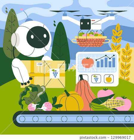 Vector illustration of a robot managing agricultural harvests using drone technology. The scene includes fresh produce, a delivery box, and data analysis on a digital screen. 129969017