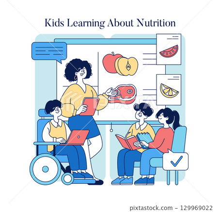 Vector illustration of children learning about nutrition in a classroom. Teacher explains food types with visual aids, while engaged students use laptops and notebooks. Vector illustration of children learning about nutrition in a classroom. Teacher explains food types with visual aids, while engaged students use laptops and notebooks. 129969022