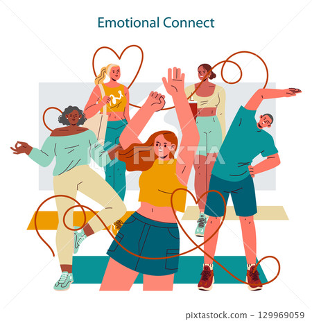 Emotional Connect concept. Group of young people forming heart shapes with their hands and arms, representing friendship, wellness, and positive relationships in a supportive community. Vector Emotional Connect concept. Group of young people forming heart shapes with their hands and arms, representing friendship, wellness, and positive relationships in a supportive community. Vector 129969059