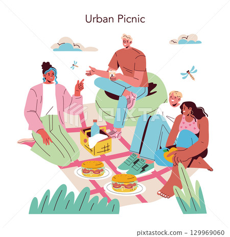 Vector illustration of a diverse group of friends having an urban picnic outdoors. They are sitting on a blanket with food, drinks, and sharing joyful moments together. Vector illustration of a diverse group of friends having an urban picnic outdoors. They are sitting on a blanket with food, drinks, and sharing joyful moments together. 129969060