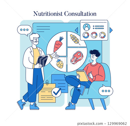 Nutritionist consults a client using a food chart featuring various food groups. Vector illustration depicts dietary planning and healthy lifestyle guidance. Emphasizes nutrition advice. 129969062