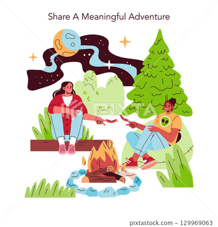 Vector illustration showing two people enjoying a campfire under a starry night. They are roasting marshmallows, sharing a meaningful moment surrounded by nature, trees, and the night sky. 129969063