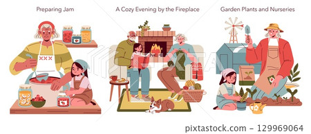 Vector illustration depicting three cozy family activities: preparing homemade jam with joy, enjoying a peaceful evening by the fireplace with warmth, and engaging in gardening for growth and learning Vector illustration depicting three cozy family activities: preparing homemade jam with joy, enjoying a peaceful evening by the fireplace with warmth, and engaging in gardening for growth and learning 129969064