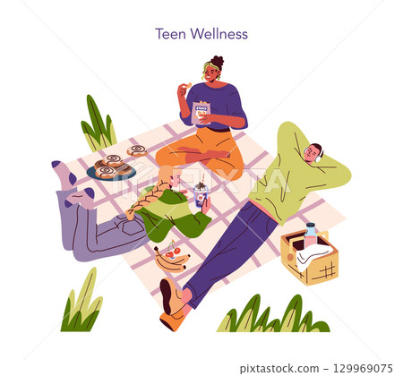 Vector illustration of three teens enjoying an outdoor picnic, surrounded by snacks. They relax on a checkered blanket, showing a mix of joy and calm while spending time together. 129969075