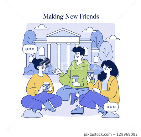 Vector illustration of three friends sitting outside a university building, enjoying coffee and engaging in lively conversation. The scene conveys friendship, connection, and cheerful interaction. 129969082