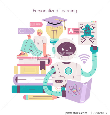 Vector illustration of personalized learning featuring a robot assisting a student with books. Highlights educational technology, innovation, and collaborative study in a creative setting. Vector illustration of personalized learning featuring a robot assisting a student with books. Highlights educational technology, innovation, and collaborative study in a creative setting. 129969097