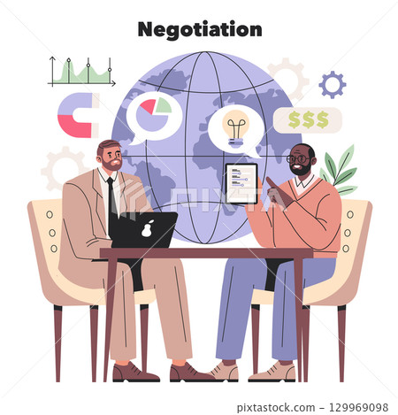 Vector illustration of two businessmen engaged in negotiation. They sit across a table, discussing global finance, with charts and graphs in the background symbolizing data analysis. 129969098