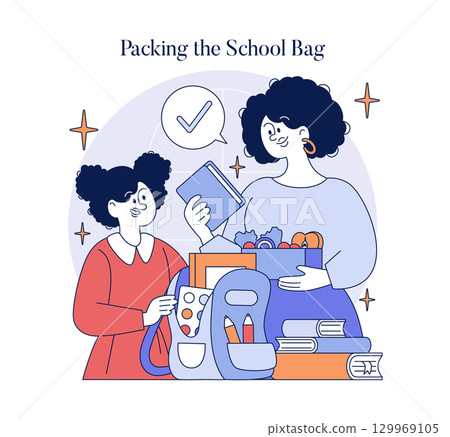 Vector illustration of a parent and child packing a school bag with books and supplies. The image depicts a joyful moment of preparation for school. Smiling and engaging interaction. Vector illustration of a parent and child packing a school bag with books and supplies. The image depicts a joyful moment of preparation for school. Smiling and engaging interaction. 129969105