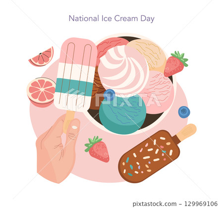 Colorful vector illustration of National Ice Cream Day featuring a variety of ice cream scoops and popsicles. A hand reaches for a striped popsicle surrounded by fruit slices and sprinkles. Colorful vector illustration of National Ice Cream Day featuring a variety of ice cream scoops and popsicles. A hand reaches for a striped popsicle surrounded by fruit slices and sprinkles. 129969106