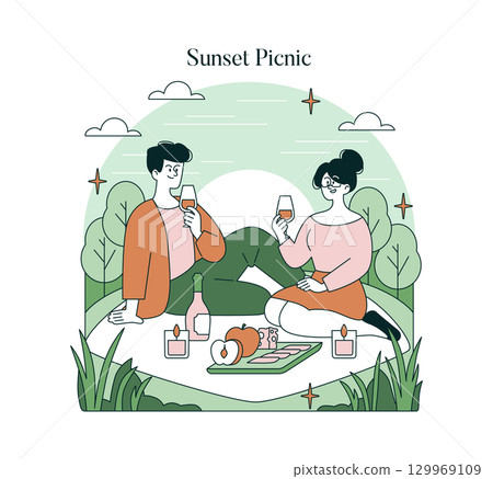 Vector illustration of a couple enjoying a relaxing sunset picnic. They are sitting on a blanket, sharing a drink, surrounded by nature and food, with a serene atmosphere. Vector illustration of a couple enjoying a relaxing sunset picnic. They are sitting on a blanket, sharing a drink, surrounded by nature and food, with a serene atmosphere. 129969109