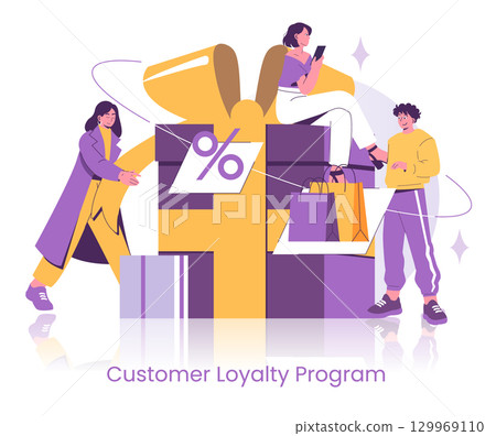 Vector illustration depicts people interacting with giant gift boxes representing a customer loyalty program. Characters express joy and excitement, conveying shopping rewards. Vector illustration depicts people interacting with giant gift boxes representing a customer loyalty program. Characters express joy and excitement, conveying shopping rewards. 129969110