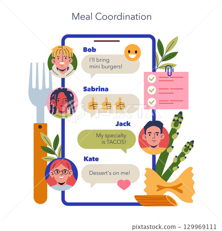 Vector illustration showing a digital chat on a smartphone screen, coordinating a meal with multiple participants. Conversations include planning mini burgers, tacos, and desserts. Vector illustration showing a digital chat on a smartphone screen, coordinating a meal with multiple participants. Conversations include planning mini burgers, tacos, and desserts. 129969111