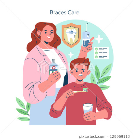 Vector illustration of a child learning a braces care routine, accompanied by an adult. The child brushes teeth with braces while holding a glass of water, emphasizing dental hygiene. 129969113