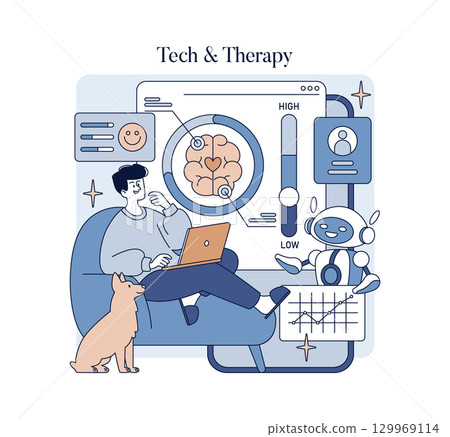 Man sits on a couch using a laptop, engaging with a robot about mental health. Background features a brain diagram and emotional indicators. Includes a dog observing the interaction. 129969114