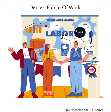 Labor Day concept. Illustration of diverse workers discussing future automation and workplace evolution trends with robotic elements. Labor Day concept. Illustration of diverse workers discussing future automation and workplace evolution trends with robotic elements. 129969120