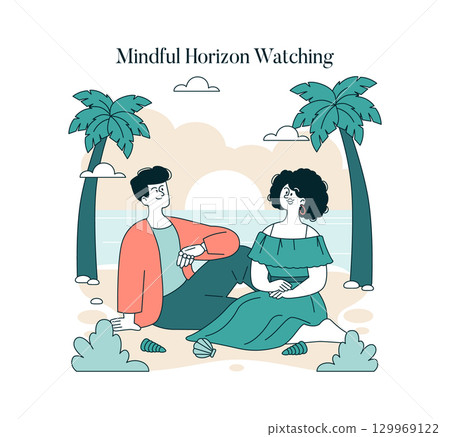 Vector illustration showing a couple seated on a beach, peacefully watching the sunset. Surrounded by palm trees, they enjoy the serene ocean view, reflecting calmness and connection. 129969122
