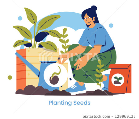 Vector illustration of a woman planting seeds in a raised garden bed. The action depicts gardening and nurturing plants, highlighting eco-friendly and sustainable practices. 129969125