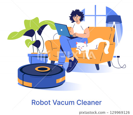 Vector illustration of a person using a laptop on an orange sofa, accompanied by a relaxed white cat. A robot vacuum cleaner operates on the floor nearby, highlighting home automation. 129969126
