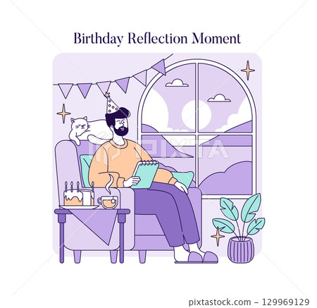 Vector illustration of a person in a party hat reflecting with a notebook on a birthday. A cat sits nearby while a cake and drink rest on a table beside them under festive decorations. Vector illustration of a person in a party hat reflecting with a notebook on a birthday. A cat sits nearby while a cake and drink rest on a table beside them under festive decorations. 129969129