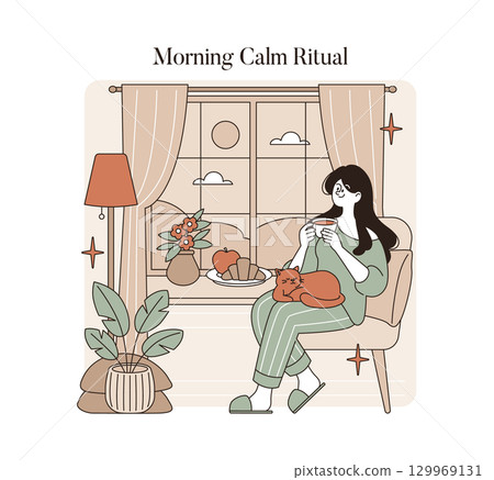 Vector illustration of a woman in pajamas relaxing with tea and her cat in a cozy room. The scene features a window view, plants, and a vase of flowers, reflecting tranquility and comfort. Vector illustration of a woman in pajamas relaxing with tea and her cat in a cozy room. The scene features a window view, plants, and a vase of flowers, reflecting tranquility and comfort. 129969131