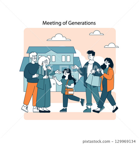 Connection Between Generations concept. Family members from different age groups gather in front of a house sharing warm moments, expressing unity, love and the passing of traditions. Vector Connection Between Generations concept. Family members from different age groups gather in front of a house sharing warm moments, expressing unity, love and the passing of traditions. Vector 129969134