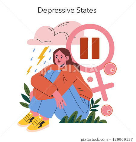 Vector illustration of a woman in a thoughtful, introspective pose. Surrounding elements like clouds and female symbols express themes of depression, introspection, and emotion. 129969137