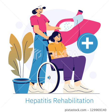 Vector illustration showing a caregiver assisting a patient in a wheelchair during hepatitis rehabilitation. The image highlights support, care, and recovery in a medical setting. Vector illustration showing a caregiver assisting a patient in a wheelchair during hepatitis rehabilitation. The image highlights support, care, and recovery in a medical setting. 129969140